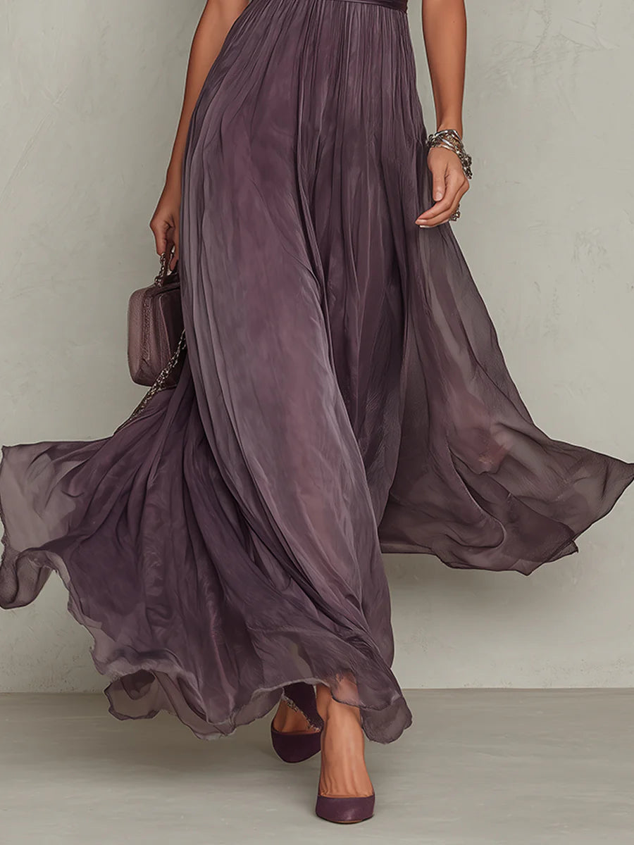 Flavia Valmont — Vestido Largo Violeta Escote Lágrima & Encaje Chiffon | Femme Précieuse