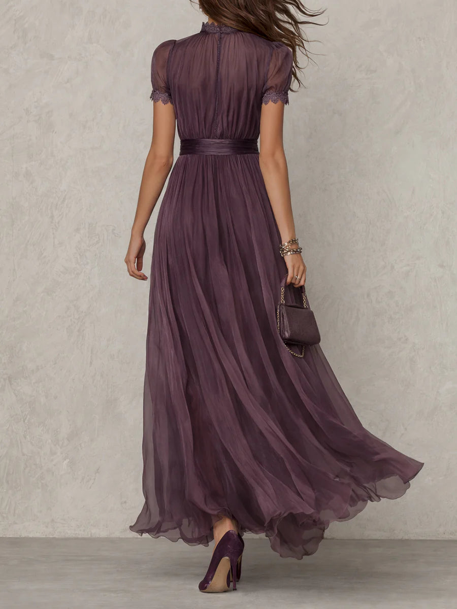 Flavia Valmont — Vestido Largo Violeta Escote Lágrima & Encaje Chiffon | Femme Précieuse