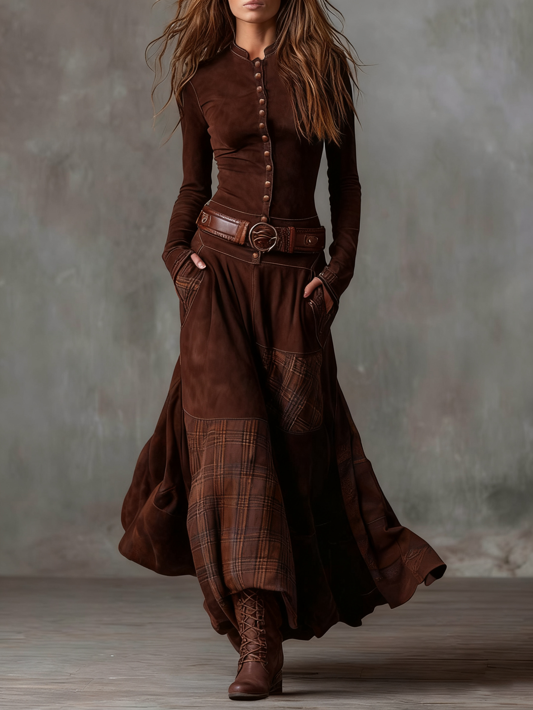 Leticia Valmont — Vestido Maxi Ante con Cinturón | LIQUIDACIÓN