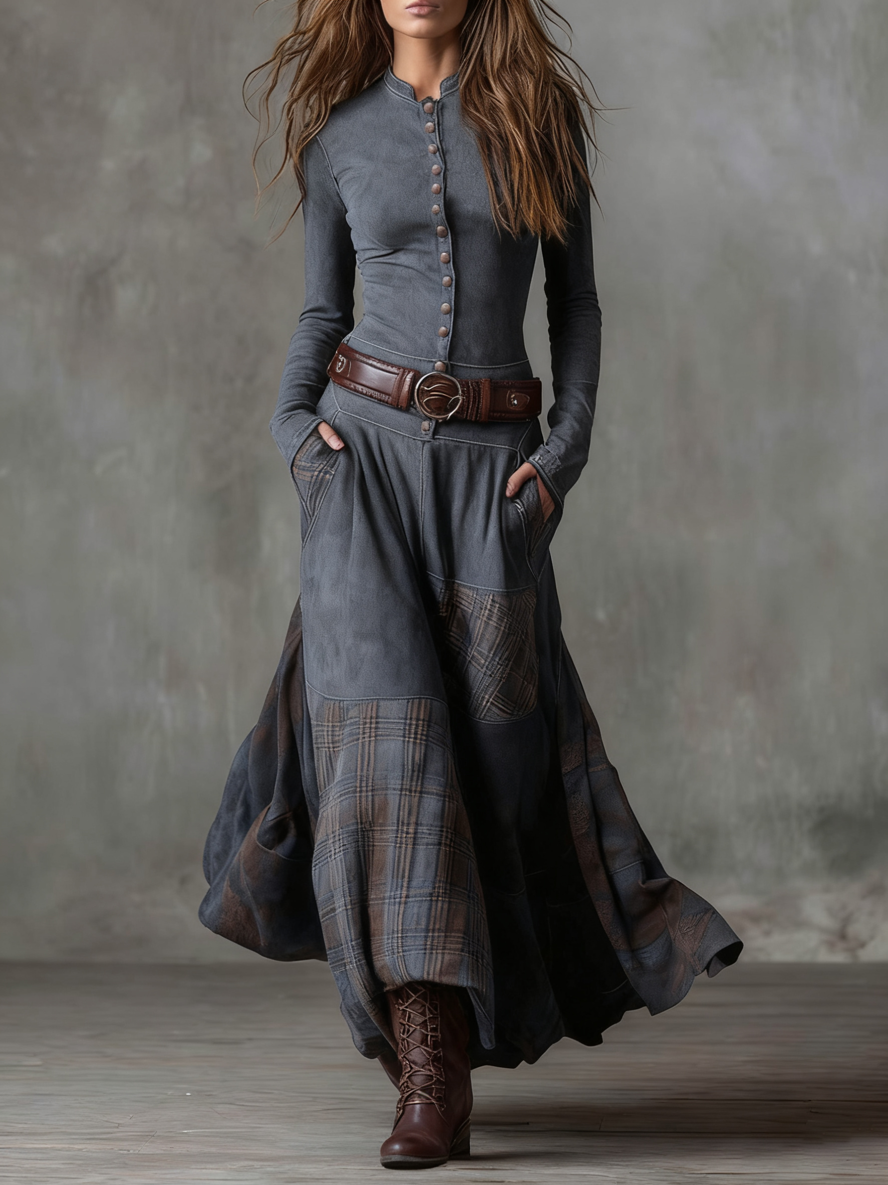 Leticia Valmont — Vestido Maxi Ante con Cinturón | LIQUIDACIÓN