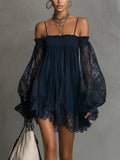 Vestido Noemi Valmont — Mini Off-Shoulder con Encaje | Azul Navy