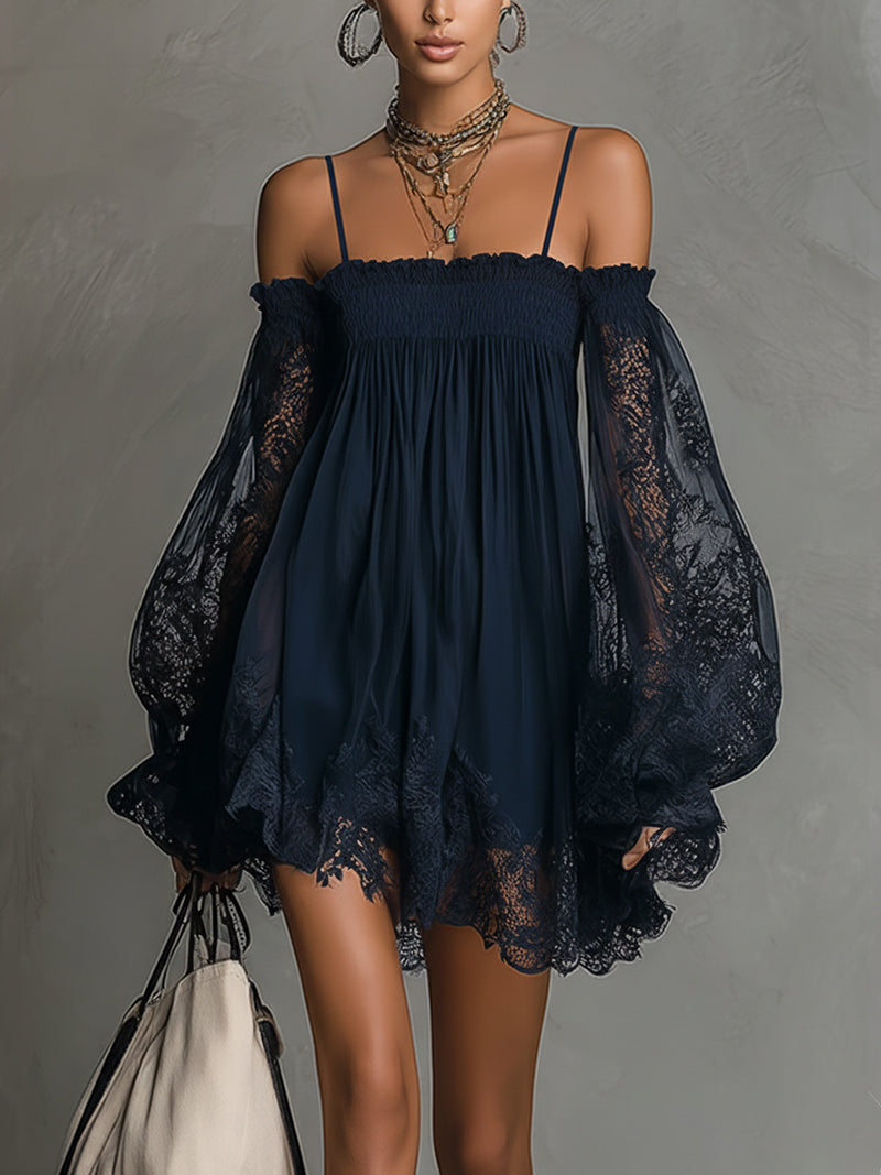 Vestido Noemi Valmont — Mini Off-Shoulder con Encaje | Azul Navy