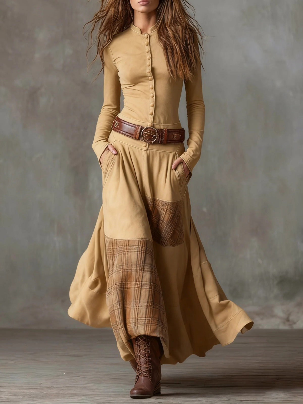 Leticia Valmont — Vestido Maxi Ante con Cinturón | LIQUIDACIÓN