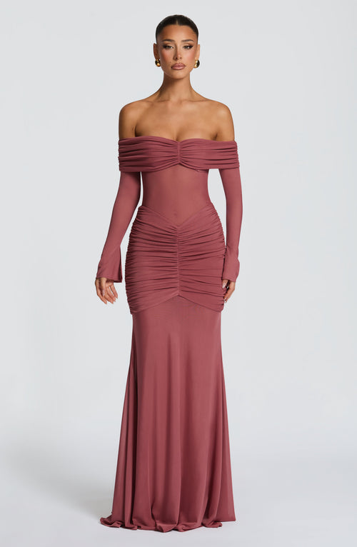 Arlena Valmont — Vestido Largo Marrón Rosa | Gracia Femenina