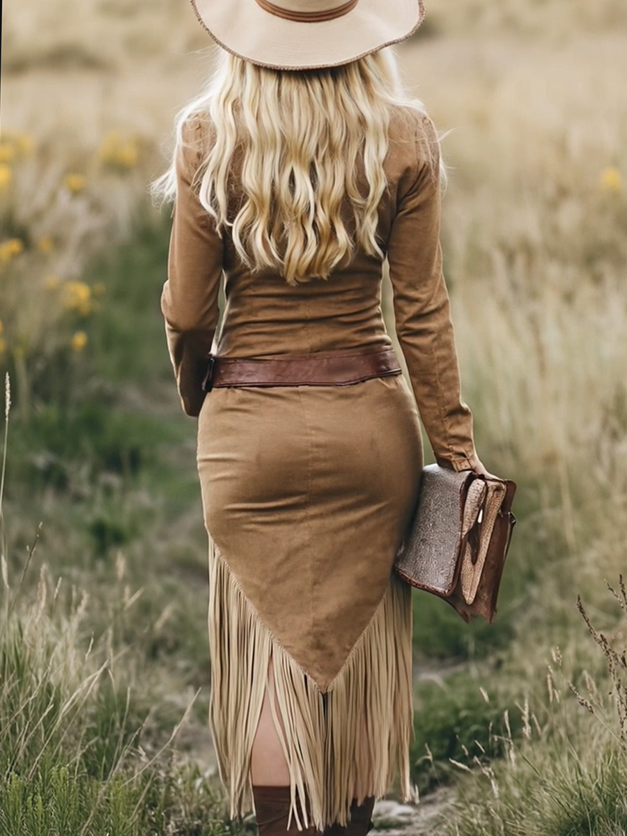 Roxanne Valmont — Vestido Western Efecto Ante con Flecos | Far West Luxe