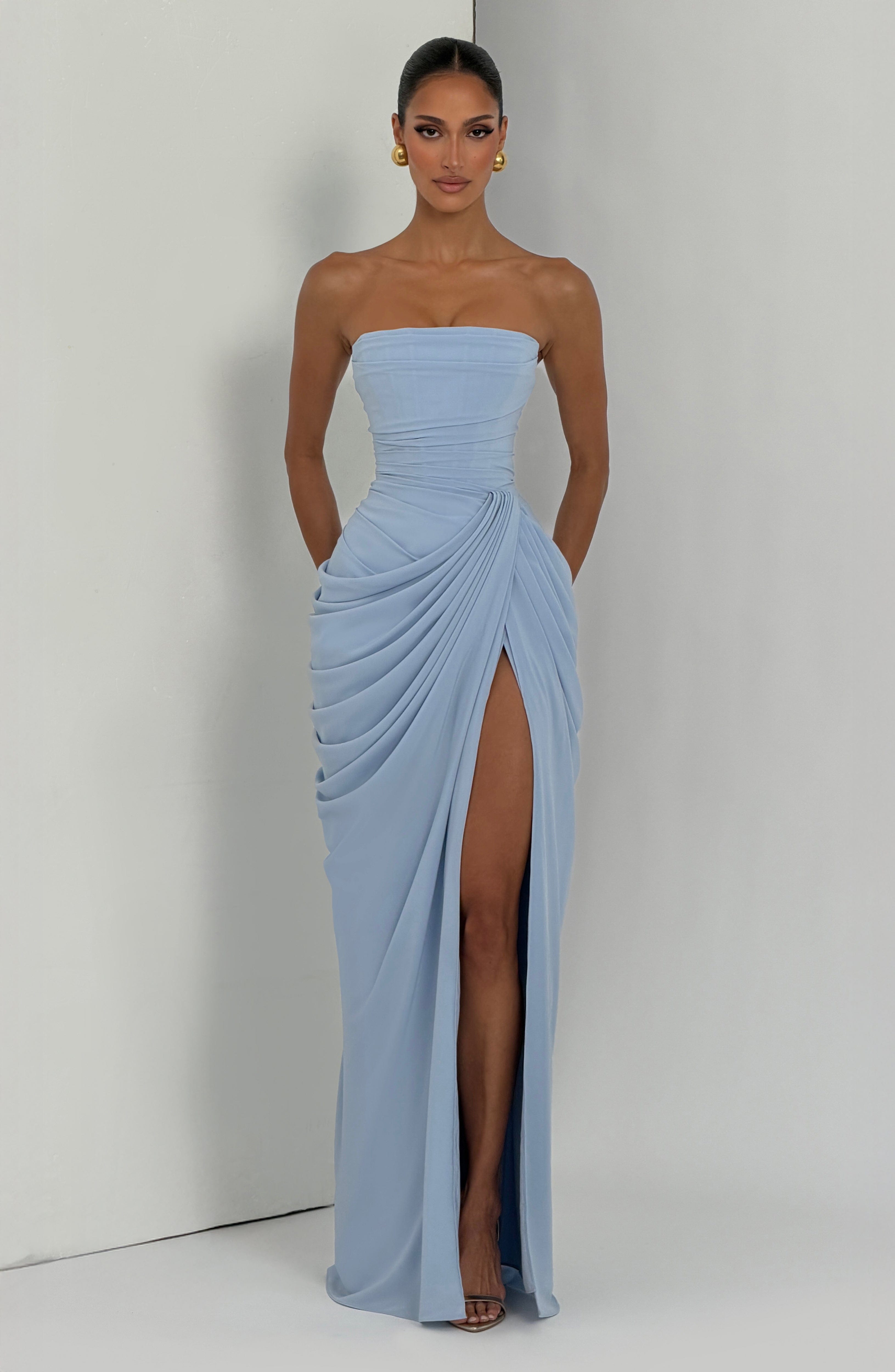Vestido Lola Valmont — Maxi Strapless | Amarillo, Celeste y Azul Marino