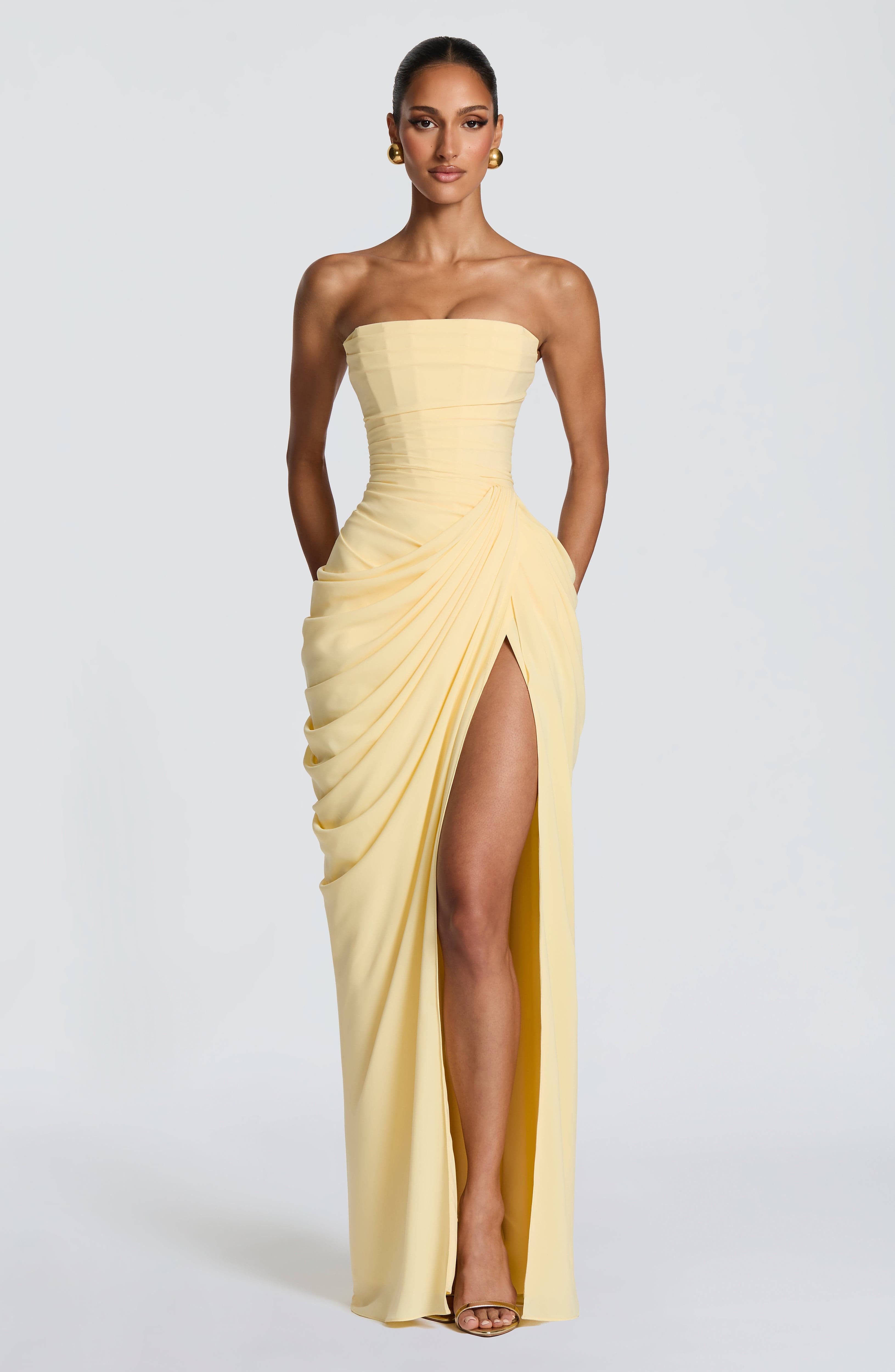 Vestido Lola Valmont — Maxi Strapless | Amarillo, Celeste y Azul Marino