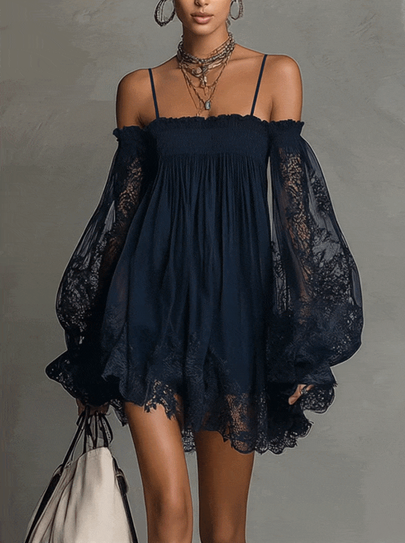 Vestido Noemi Valmont — Mini Off-Shoulder con Encaje | Azul Navy