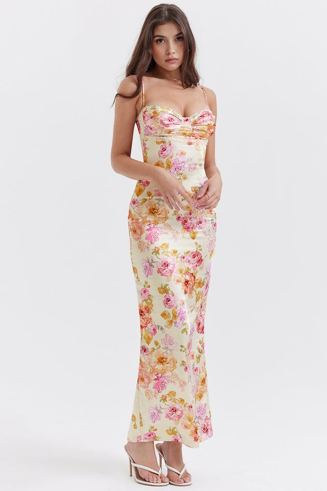 Fiorella Valmont — Vestido Bloom Satén Floral con Encaje | Primavera 2026