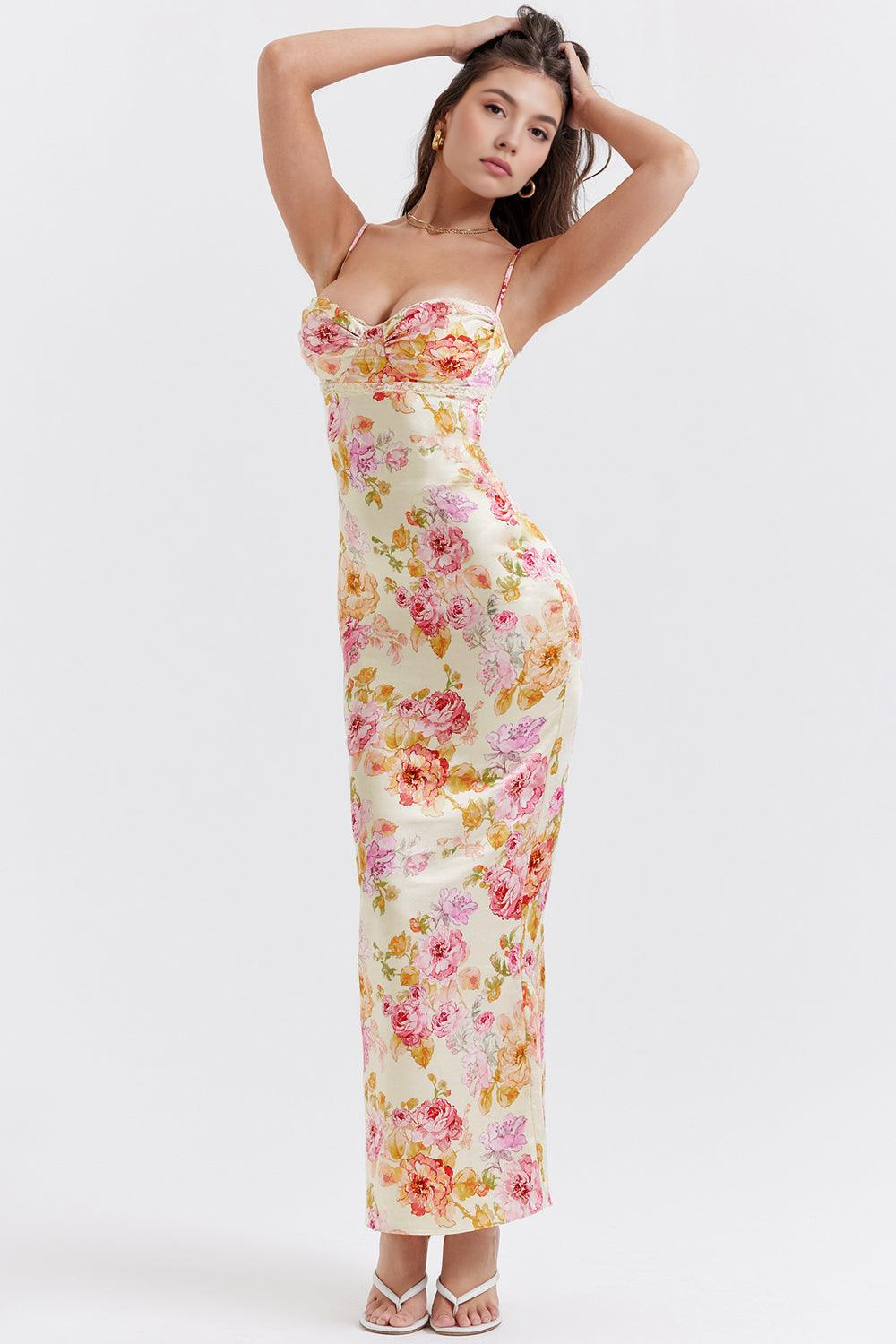 Fiorella Valmont — Vestido Bloom Satén Floral con Encaje | Primavera 2026