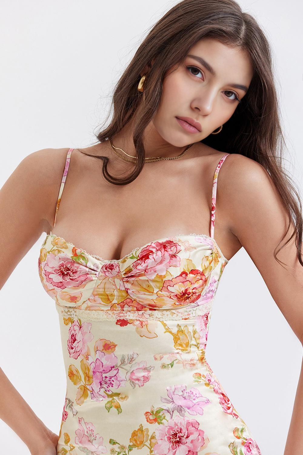 Fiorella Valmont — Vestido Bloom Satén Floral con Encaje | Primavera 2026