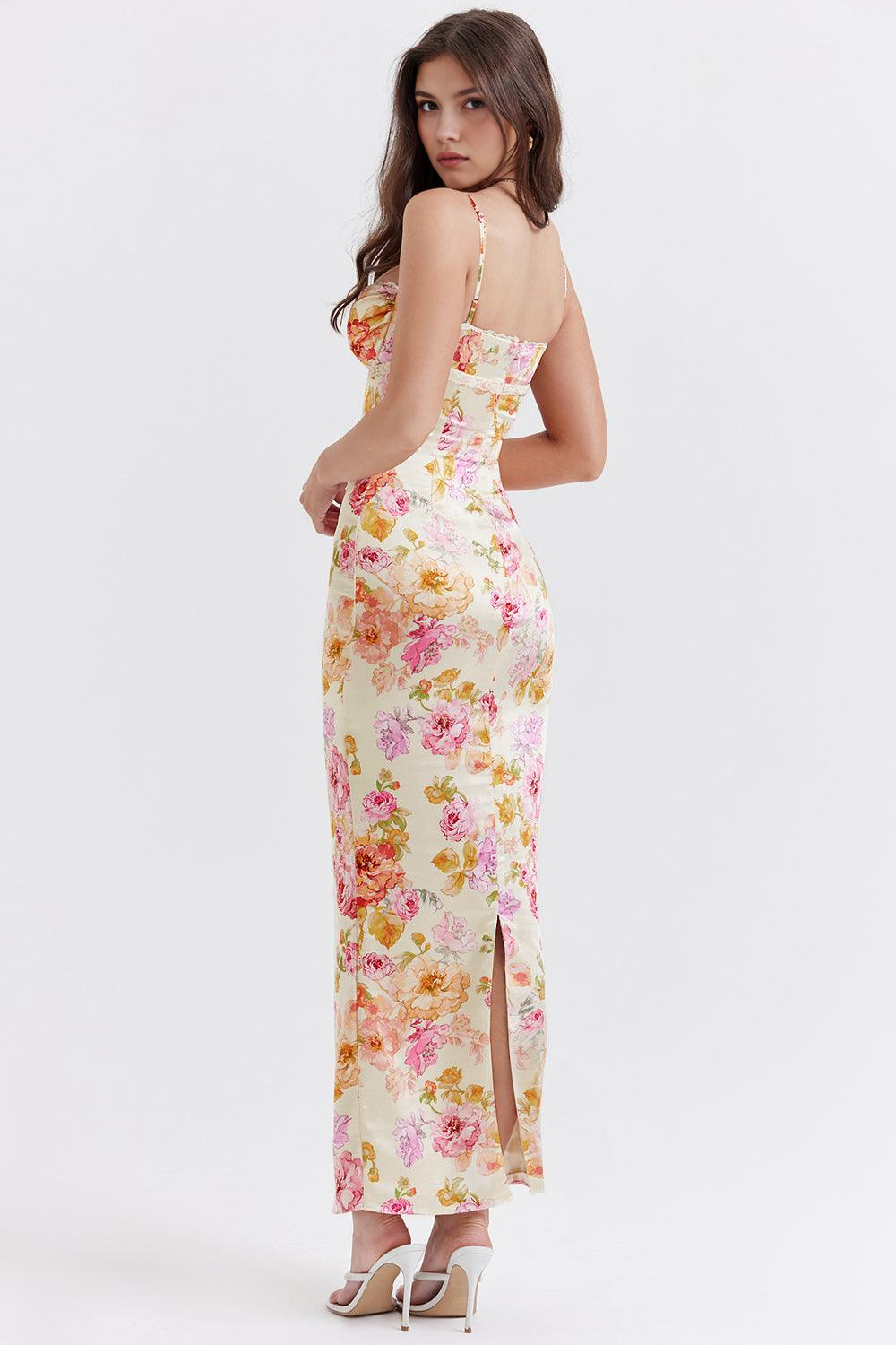 Fiorella Valmont — Vestido Bloom Satén Floral con Encaje | Primavera 2026