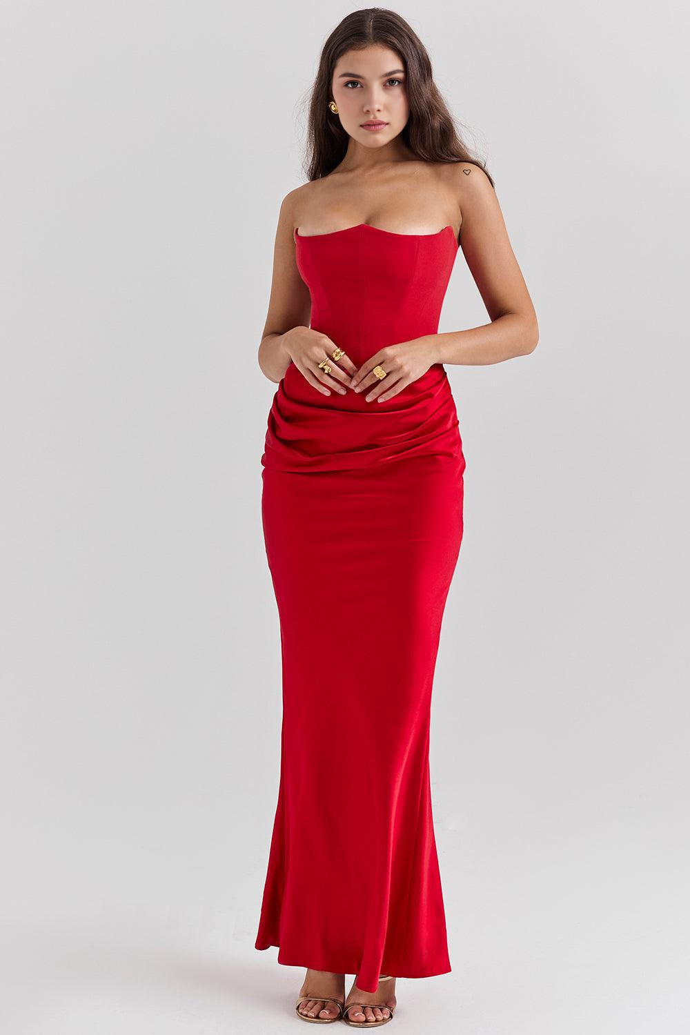 Xiomara Valmont — Vestido Satén Sin Tirantes & Drapeado | Sensualidad Absoluta