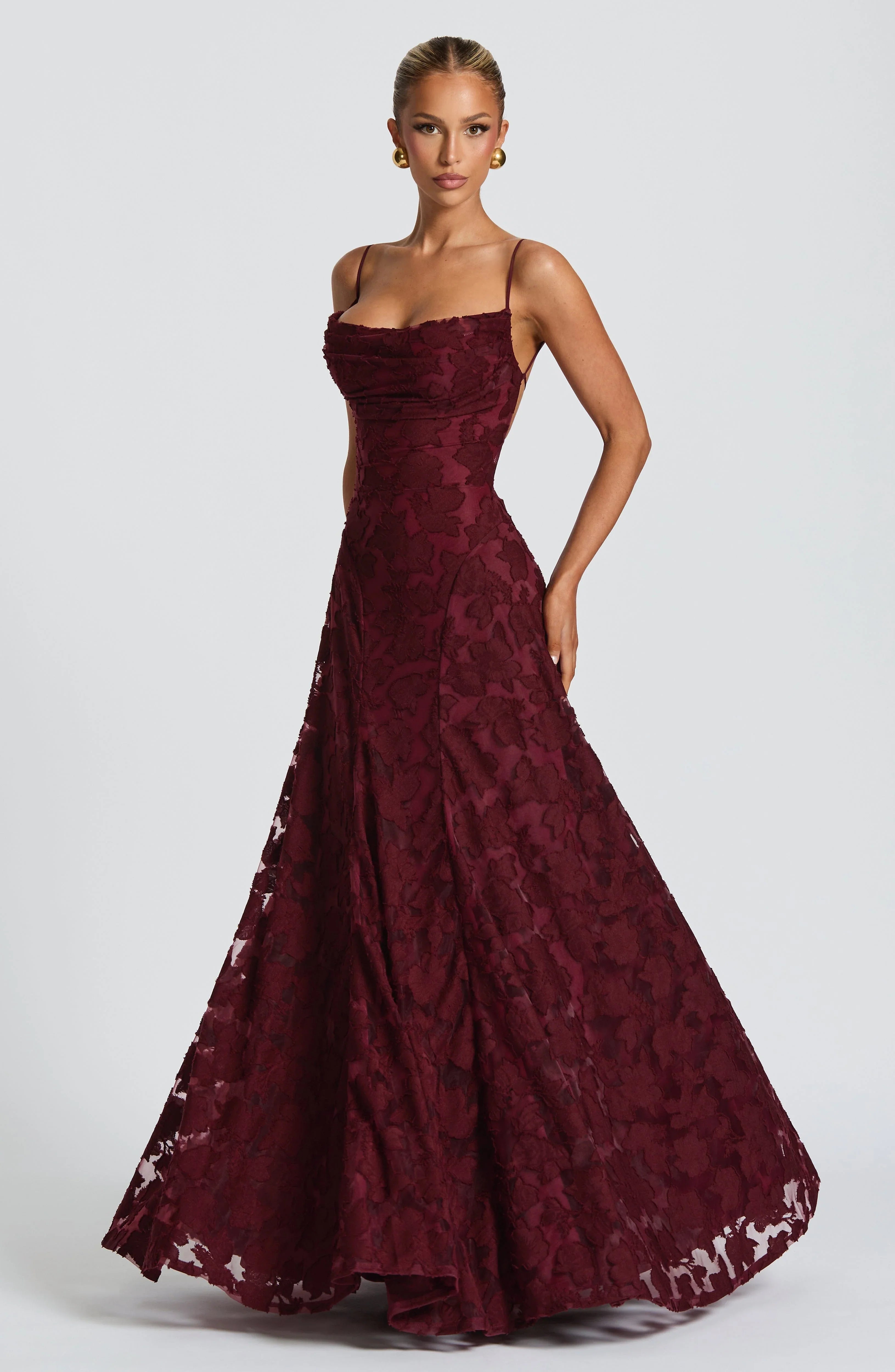 Vestido Louise Valmont — Maxi Drapeado | Burdeos, Blanco, Verde y Rosa
