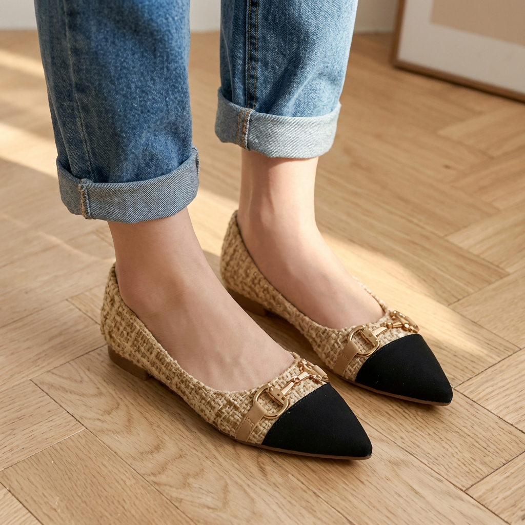 Zapatos de oficina Valmont — Tweed Refinado con Detalle Dorado | Negro y Dorado