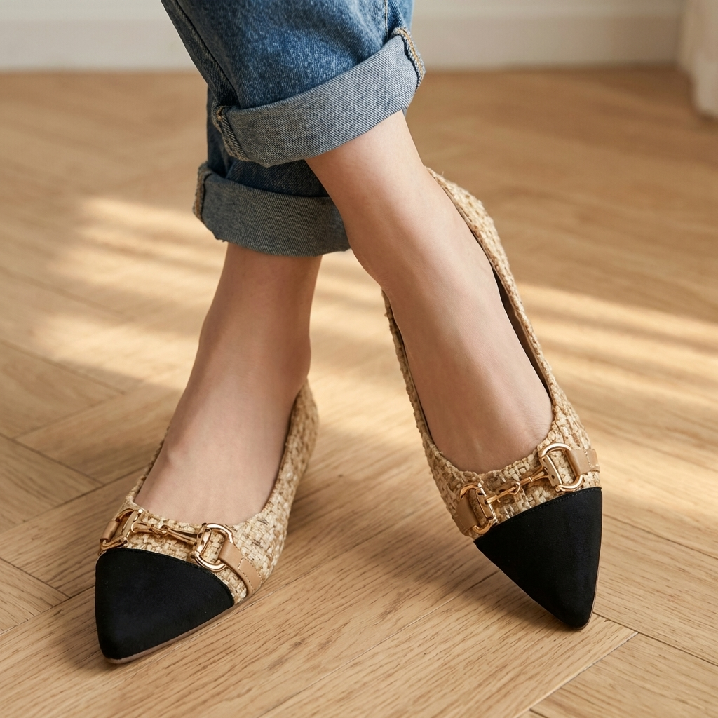 Zapatos de oficina Valmont — Tweed Refinado con Detalle Dorado | Negro y Dorado