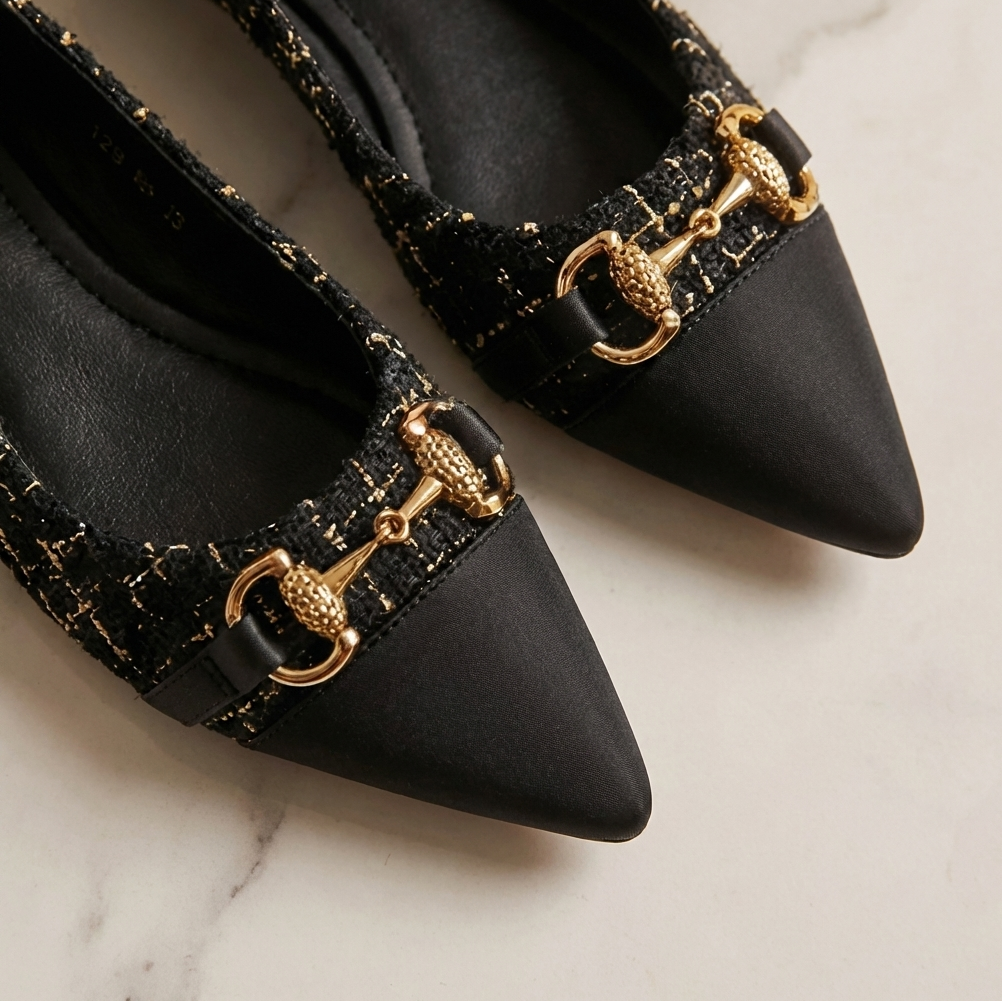 Zapatos de oficina Valmont — Tweed Refinado con Detalle Dorado | Negro y Dorado