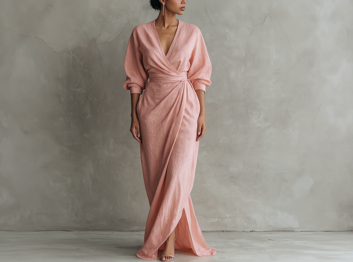 Rosée Valmont — Vestido Maxi Minimalista Rosa Lino & Escote en V | Pureza Primaveral