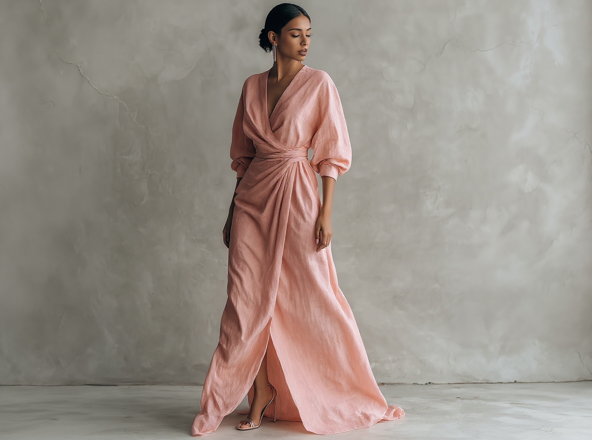 Rosée Valmont — Vestido Maxi Minimalista Rosa Lino & Escote en V | Pureza Primaveral