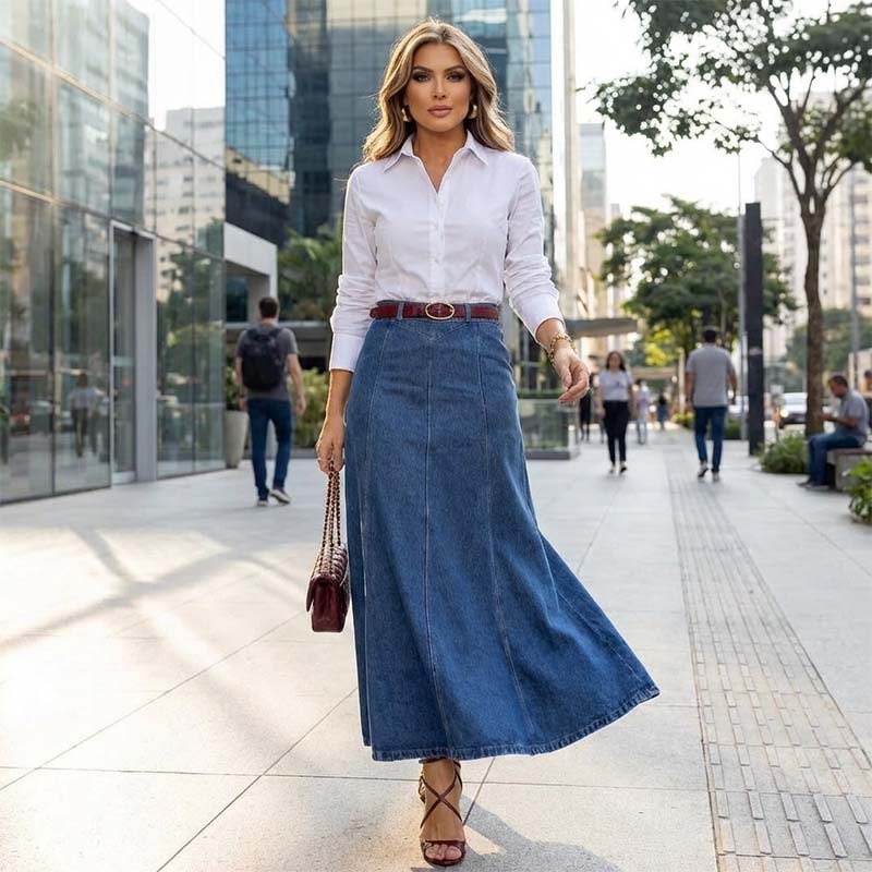 Prairie Valmont — Falda Maxi Vaquera Cintura Alta Corte A | Mujer