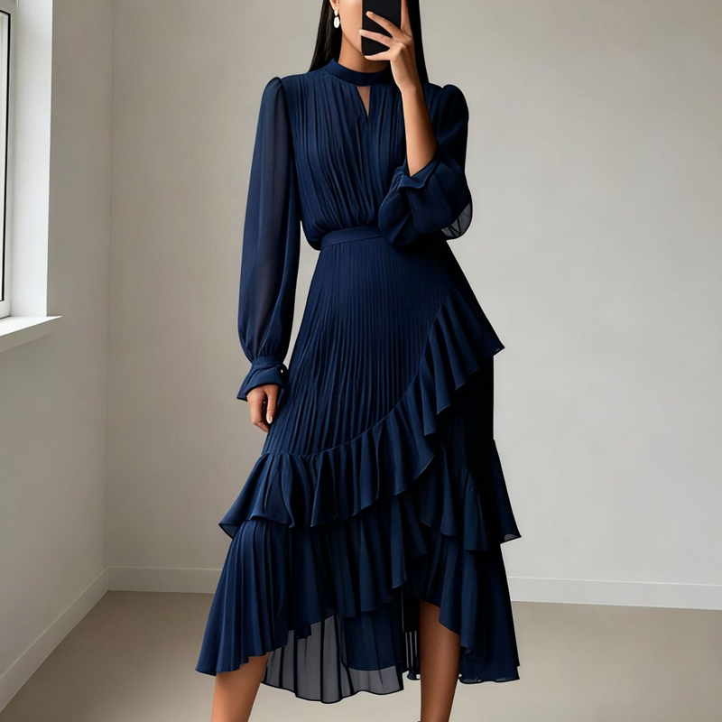 Céleste Valmont — Vestido Midi Plisado Elegante con Volantes | Gracia en Movimiento