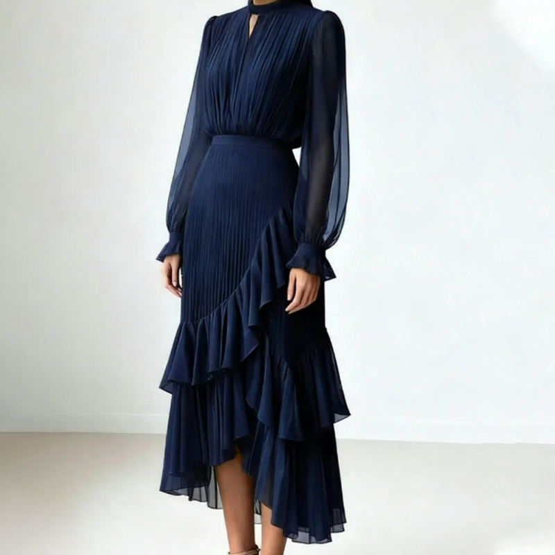 Céleste Valmont — Vestido Midi Plisado Elegante con Volantes | Gracia en Movimiento