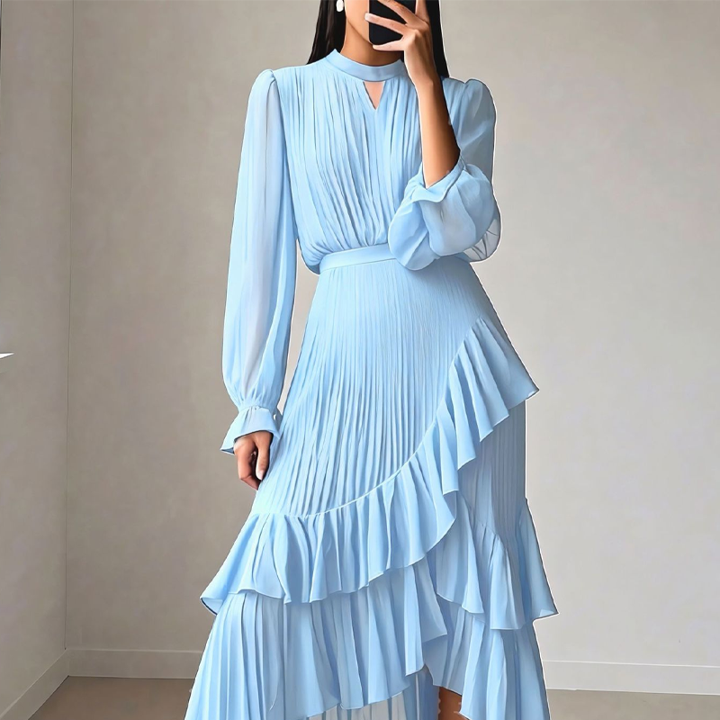 Céleste Valmont — Vestido Midi Plisado Elegante con Volantes | Gracia en Movimiento