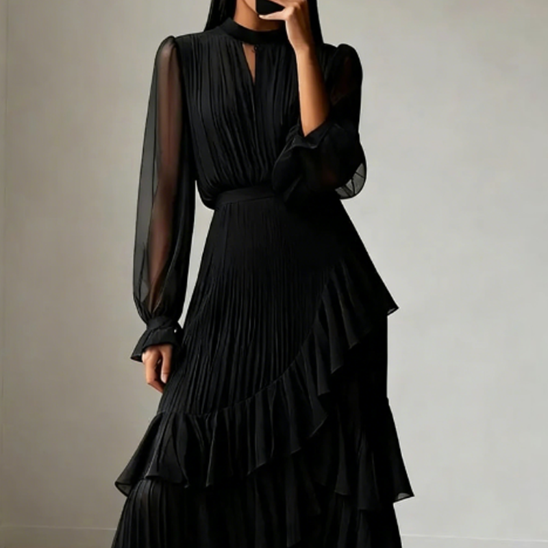 Céleste Valmont — Vestido Midi Plisado Elegante con Volantes | Gracia en Movimiento