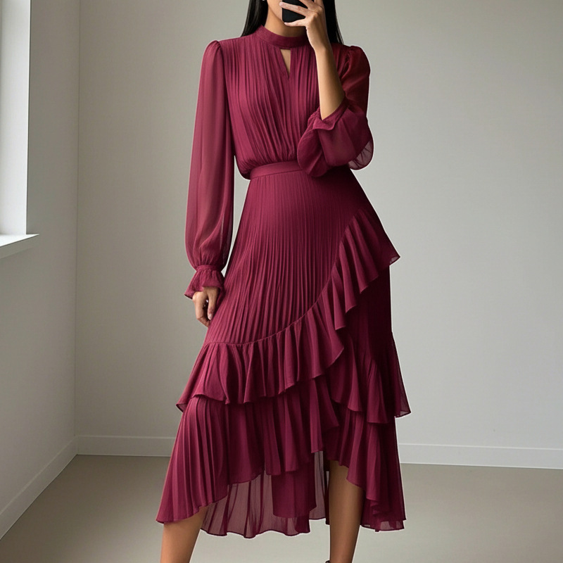 Céleste Valmont — Vestido Midi Plisado Elegante con Volantes | Gracia en Movimiento