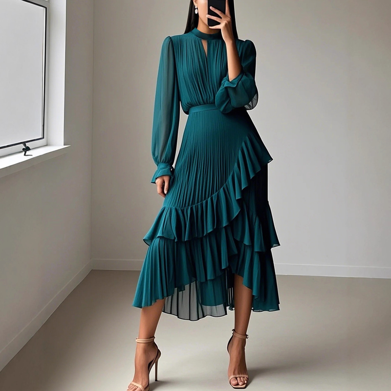 Céleste Valmont — Vestido Midi Plisado Elegante con Volantes | Gracia en Movimiento
